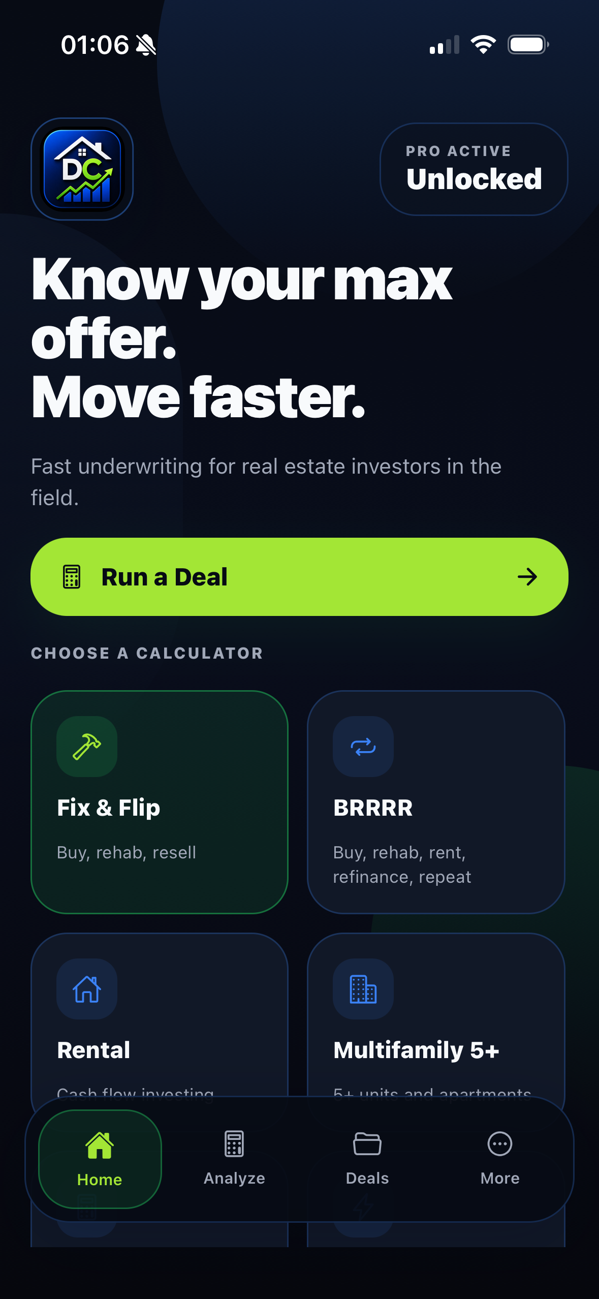 DealCalc app home screen