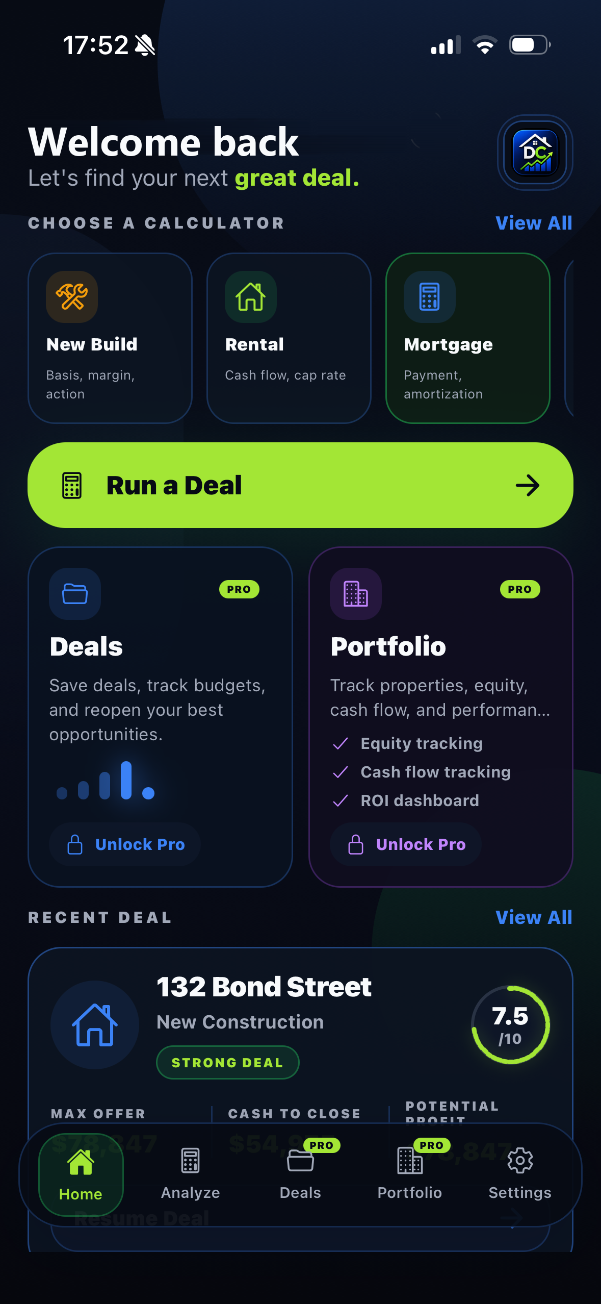 DealCalc calculator dashboard
