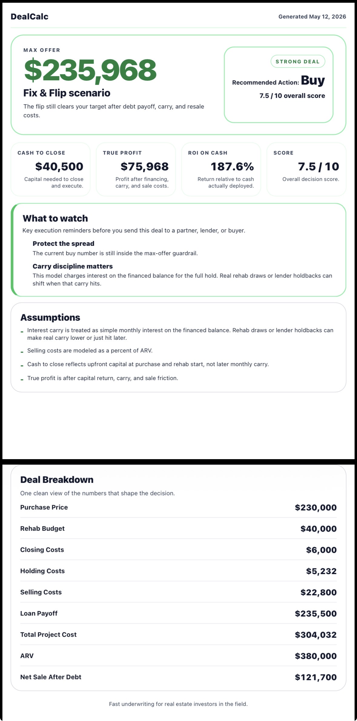 Full sample DealCalc report